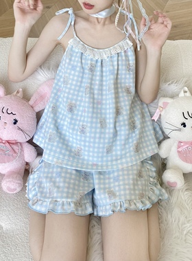 米栗原创设计milly吊带华夫格蕾丝蝴蝶结花边可外穿家居服睡衣夏