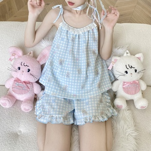 米栗原创设计milly吊带华夫格蕾丝蝴蝶结花边可外穿家居服睡衣夏