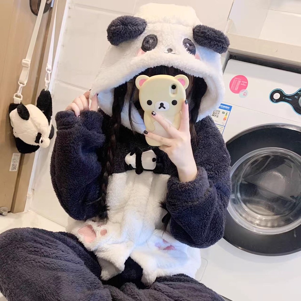 米栗原创可爱熊猫耳刺绣连帽睡衣