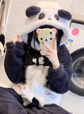 米栗原创可爱熊猫耳连帽刺绣毛绒可外穿秋冬睡衣长袖家居服套装
