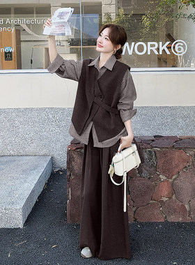 实拍咖色复古老钱风不规则马甲套装女2026春条纹衬衫阔腿裤三件套