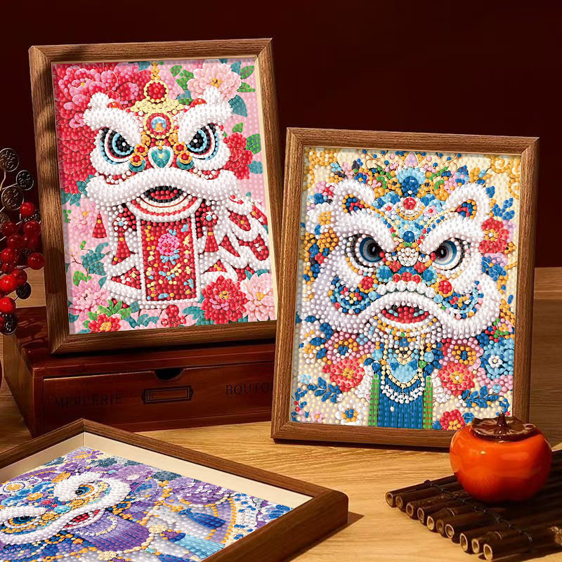 2026新款钻石画贴画带框中式醒狮狮子过年砖石2025贴钻摆台带框画,玩具/童车/益智/积木/模型,手工创意粘贴类,淘宝优惠券,粉丝福利购,淘宝优惠卷