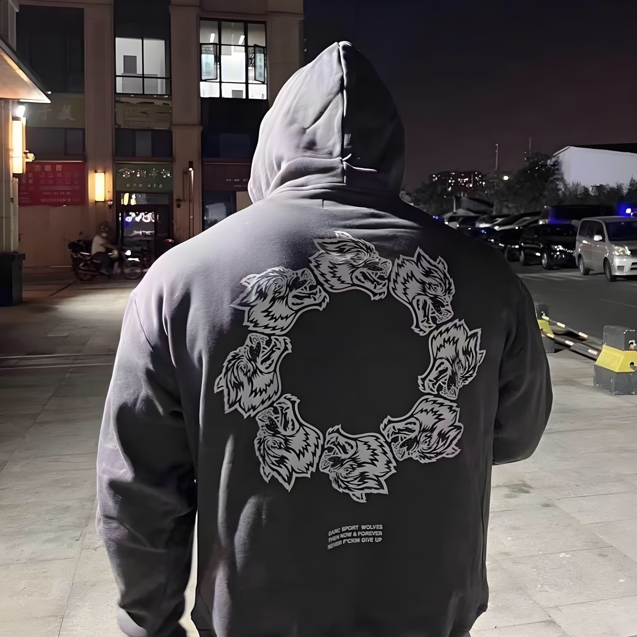 美式潮牌狼头印花卫衣连帽男休闲运动健身训练保暖外套宽松上衣