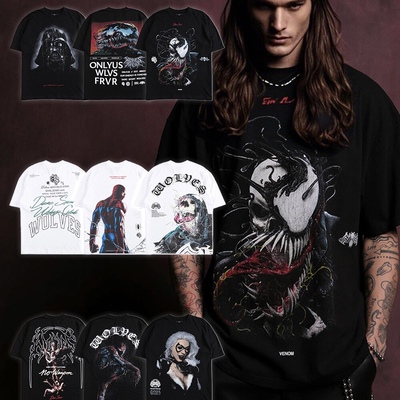 DARCSPORT狼头蜘蛛侠联名健身t恤短袖纯棉重磅美式运动训练衣服