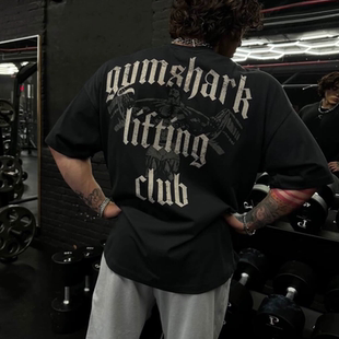 GYM美式健身健美训练服夏季运动纯棉短袖t恤男款宽松时尚印花鲨鱼