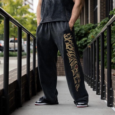 YOUNGLA美式潮牌男士运动裤健身房运动健身宽松直筒印花休闲长裤