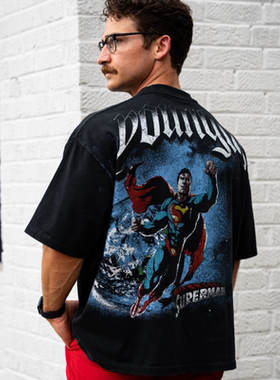 YOUNGLA超人联名美式潮流印花大码宽松重磅男装运动健身短袖T恤