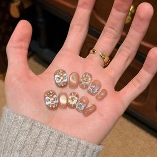 瑞锦醒狮气质纯欲猫眼烟花爆闪小短甲新年战甲穿戴甲手工学生美甲