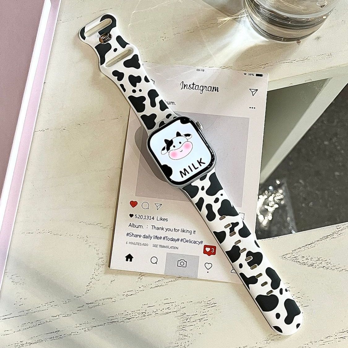 ins风趣味奶牛纹白色硅胶适用iwatchs11/10表带创意苹果表带9可爱