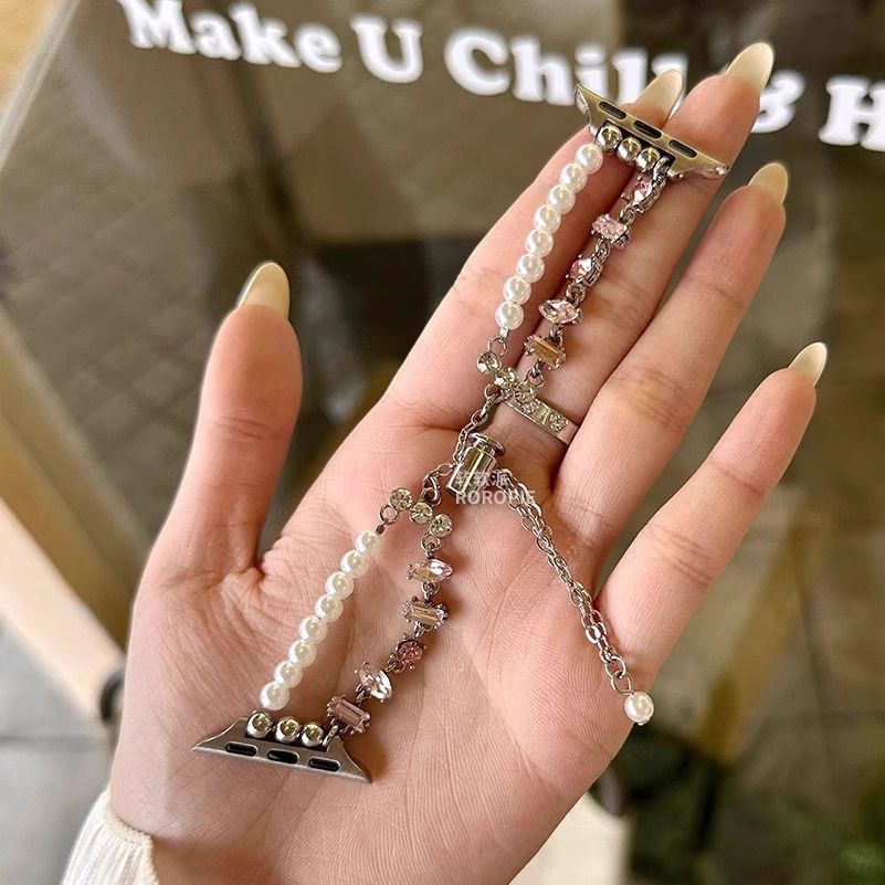 珍珠闪亮钻石水晶oppo手表watch3/2/X/3pro/4pro表带金属女se适用