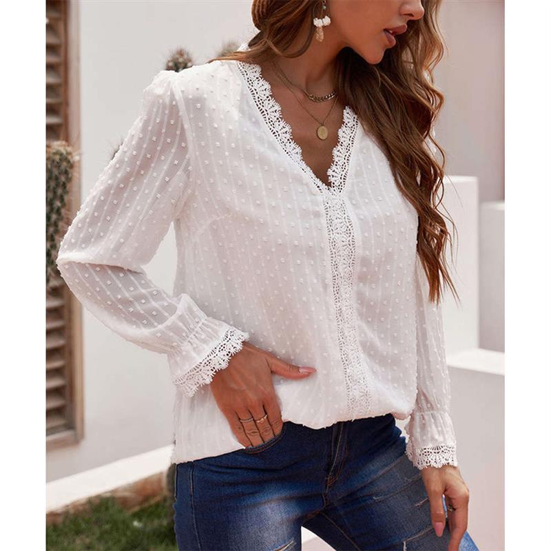 Womens solid color embroidered lace long sleeve chiffon