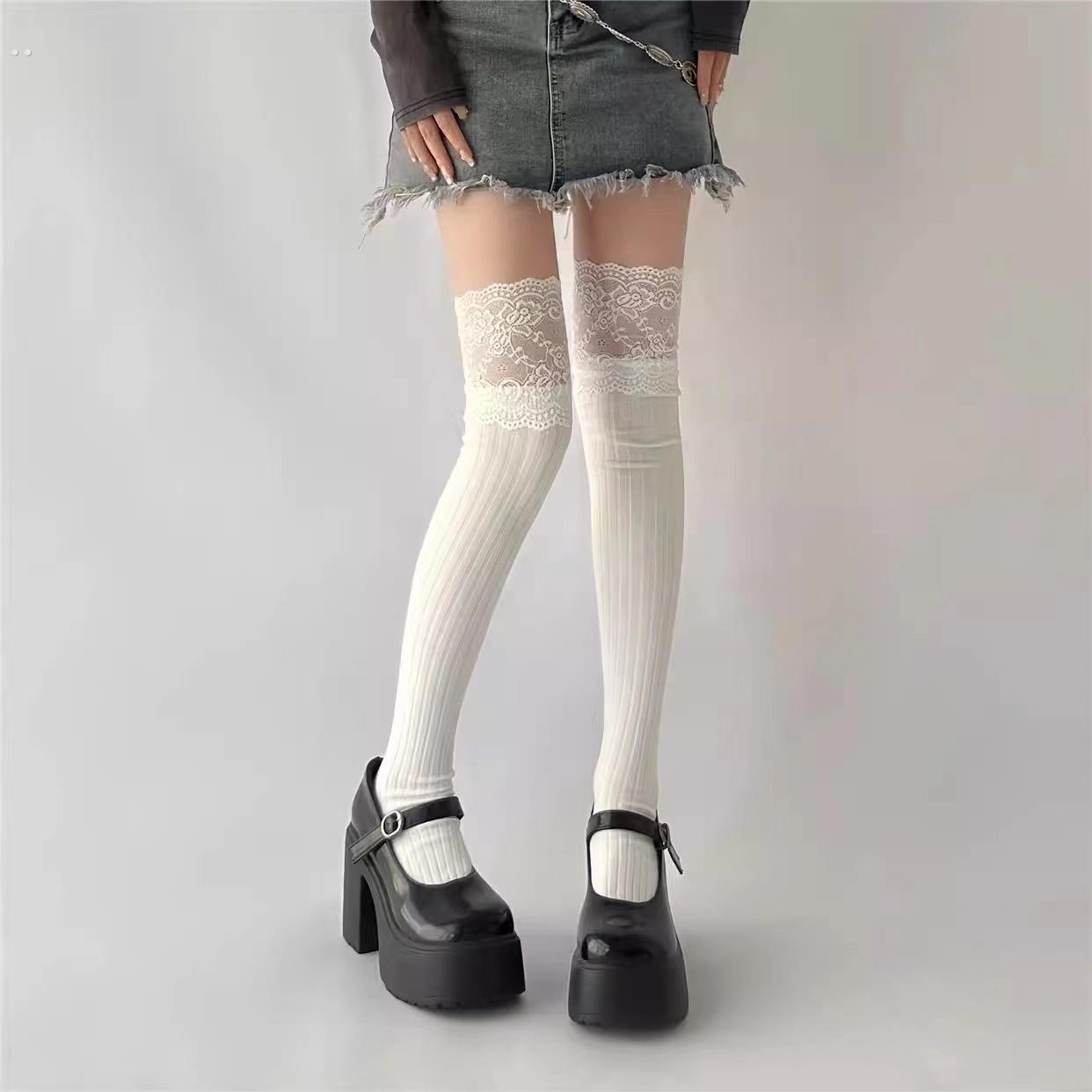 蕾丝小腿袜子女春秋季纯棉中筒袜配靴子的袜子靴袜芭蕾风夏季长袜