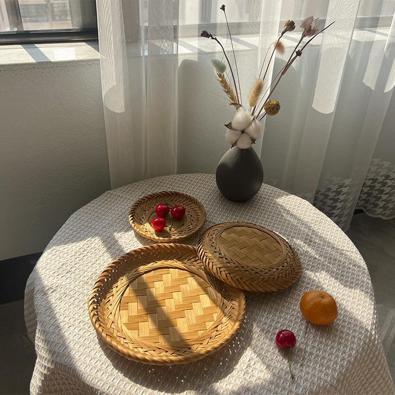 手工竹编糕点托 托盘小提篮茶点水果篮子竹篮中式古风双层制品筐