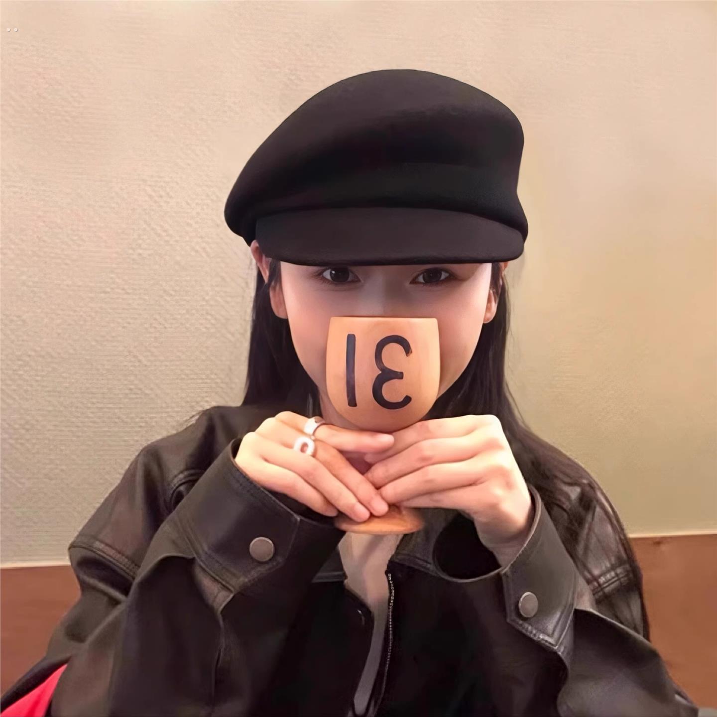 fever同款黑色纯羊毛报童帽子女春秋马术八角帽贝雷帽复古大头围