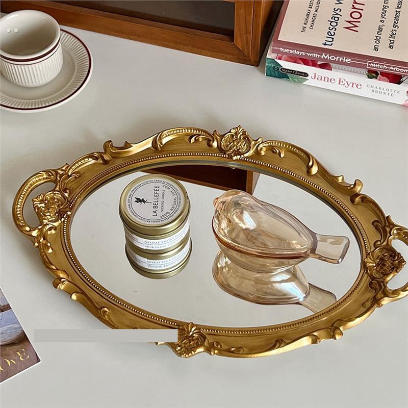 法式复古玻璃镜面托盘ins风客厅装饰摆件香薰首饰展示镜子收纳盘