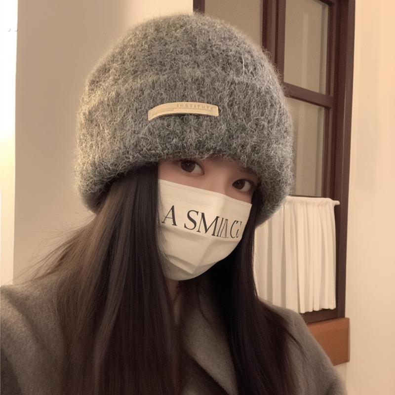 兔毛针织帽女秋冬2025新款大头围保暖加厚毛线帽子显脸小灰色冷帽