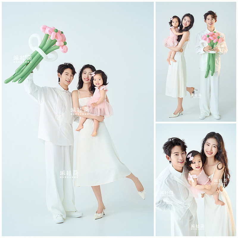 儿童摄影服装清新绿色一家三口全家福套装简约亲子装影楼写真照