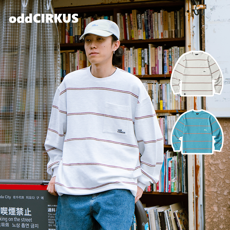 oddCIRKUS 日系复古斜纹毛线圈圆领长袖T恤美式休闲卫衣