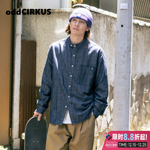 oddCIRKUS牛仔长袖 日系亚麻牛仔长袖衬衫亨利领外套上衣男女同款