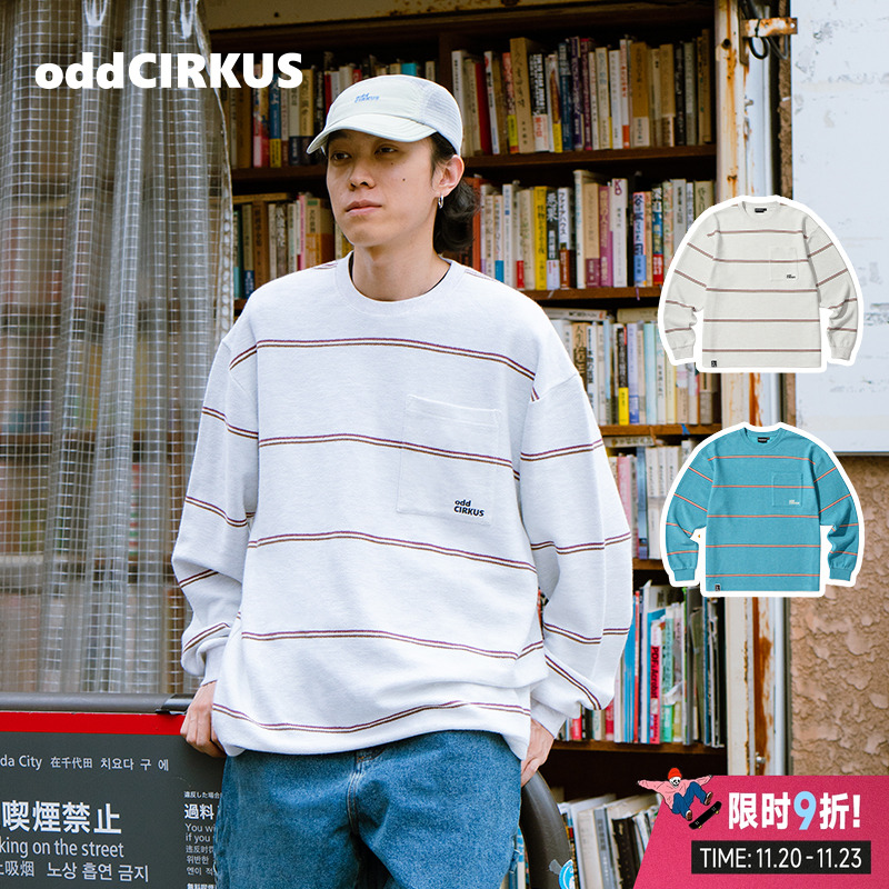 oddCIRKUS圆领长袖 日系复古斜纹毛线圈圆领长袖T恤美式休闲卫衣