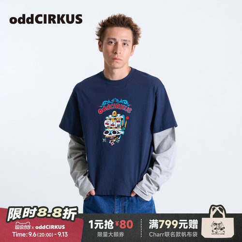 oddCIRKUS假两件长袖 日系新款合身短款假两件T恤图案男女同款