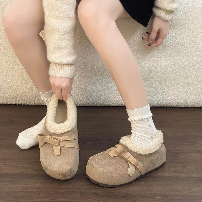 绒面拼接细蝴蝶结毛绒勃肯鞋女2026加绒保暖厚底内增高一脚蹬单鞋,女鞋,勃肯鞋/软木鞋,淘宝优惠券,粉丝福利购,淘宝优惠卷