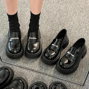 复古高级显瘦厚底防滑乐福鞋女2026春新一字扣黑色单鞋增高小皮鞋