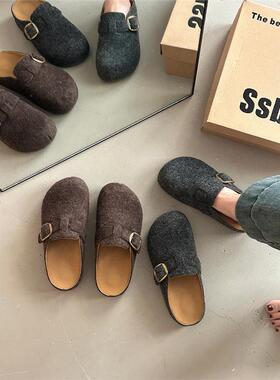 灰色皮带扣高级感厚底包头拖鞋女2026春季外穿防滑懒人勃肯鞋舒适