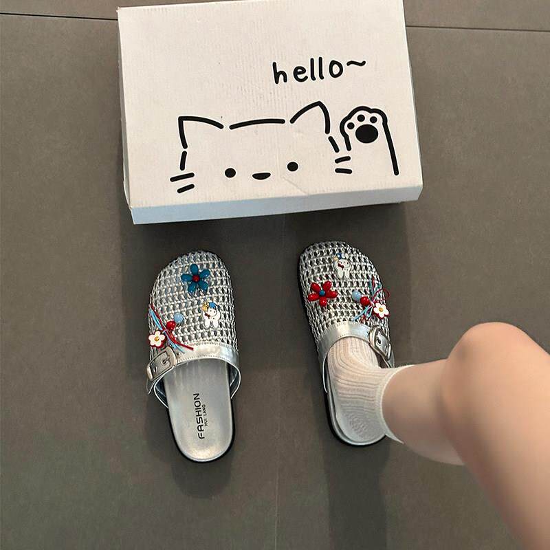 可爱风花朵装饰镂空编织包头拖女2026夏季厚底防滑外穿休闲凉拖鞋