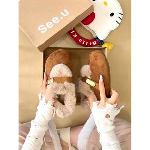 韩版毛毛勃肯鞋女2025冬季新款加绒保暖一脚蹬懒人鞋棉鞋雪地鞋女