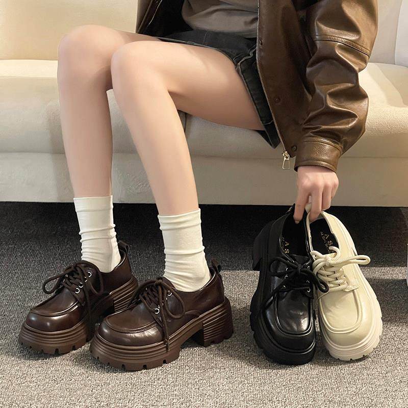 时尚圆头简约英伦风厚底防滑系带小皮鞋女2026新款增高休闲乐福鞋,女鞋,时尚休闲鞋,淘宝优惠券,粉丝福利购,淘宝优惠卷