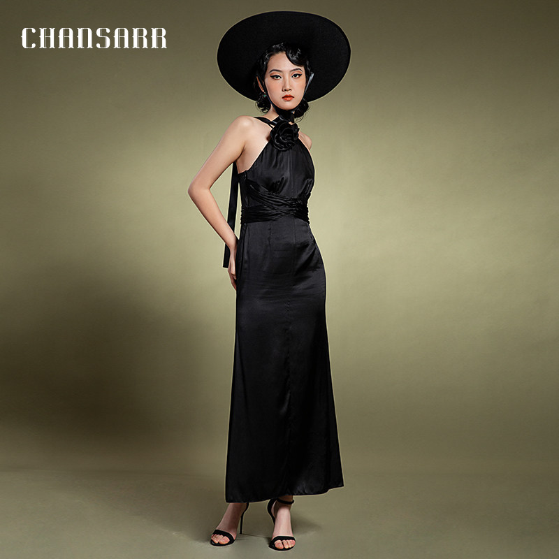 香莎CHANSARR 优雅气质黑色缎面礼服 简约设计知性典雅晚装