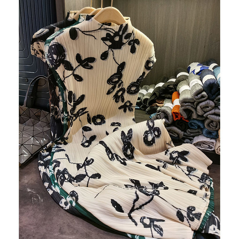 高端宅气质立领短袖印花褶皱洋装下摆开叉中长裙女夏季新款三070