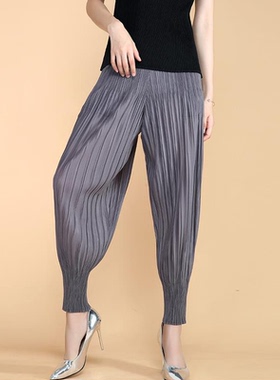 大码女裤2025春夏新款宅褶皱休闲萝卜灯笼裤显瘦哈伦束脚九 三016