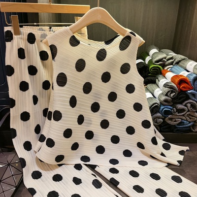 波点印花上衣+阔腿裤套装女褶皱时尚圆领宽松无袖背心两件套 112