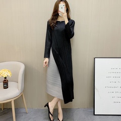 三宅连衣裙2025新款高端大码女装拼接长袖褶皱百褶长裙子 158