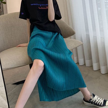 三红高档夏季新款宅褶皱中长款直筒显瘦高腰开叉百褶半身003-1