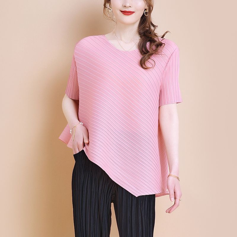 宅风褶皱上衣女时尚不规则宽松显瘦T恤衫纯色百搭压皱小衫三 092