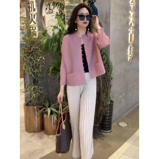 外 开衫 032 宽松单排扣口袋设计圆领七分袖 3宅褶皱包扣上衣蝙蝠袖