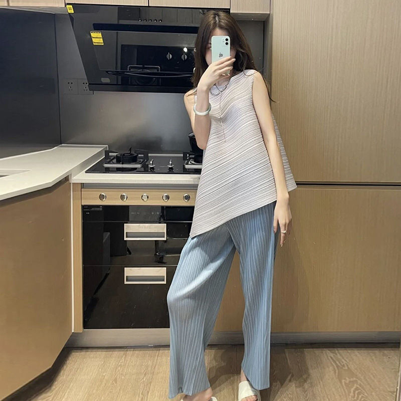 宅褶皱上衣不规则无袖百褶t恤宽松背心设计感女小众夏圆领三 066