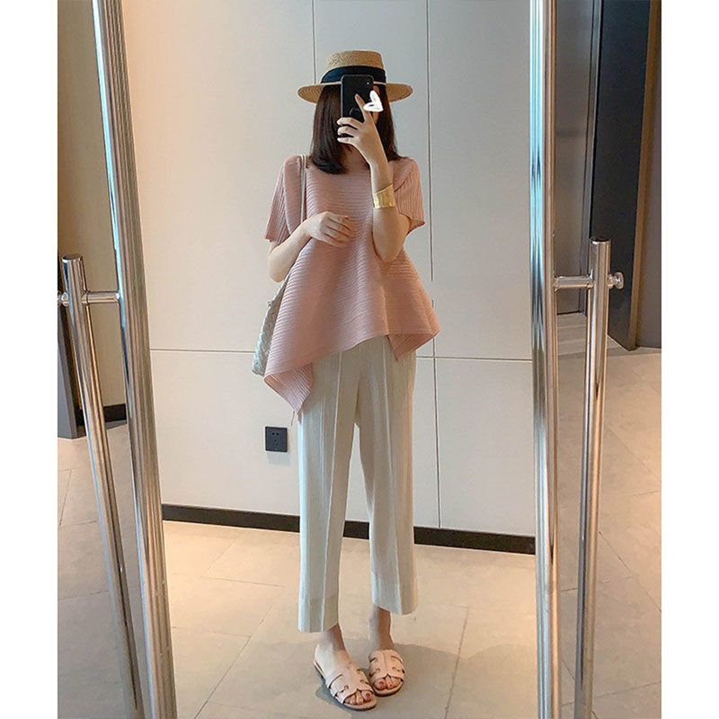 宅褶皱上衣不规则短袖上衣夏百褶宽松中长款小众显瘦t恤女三 116