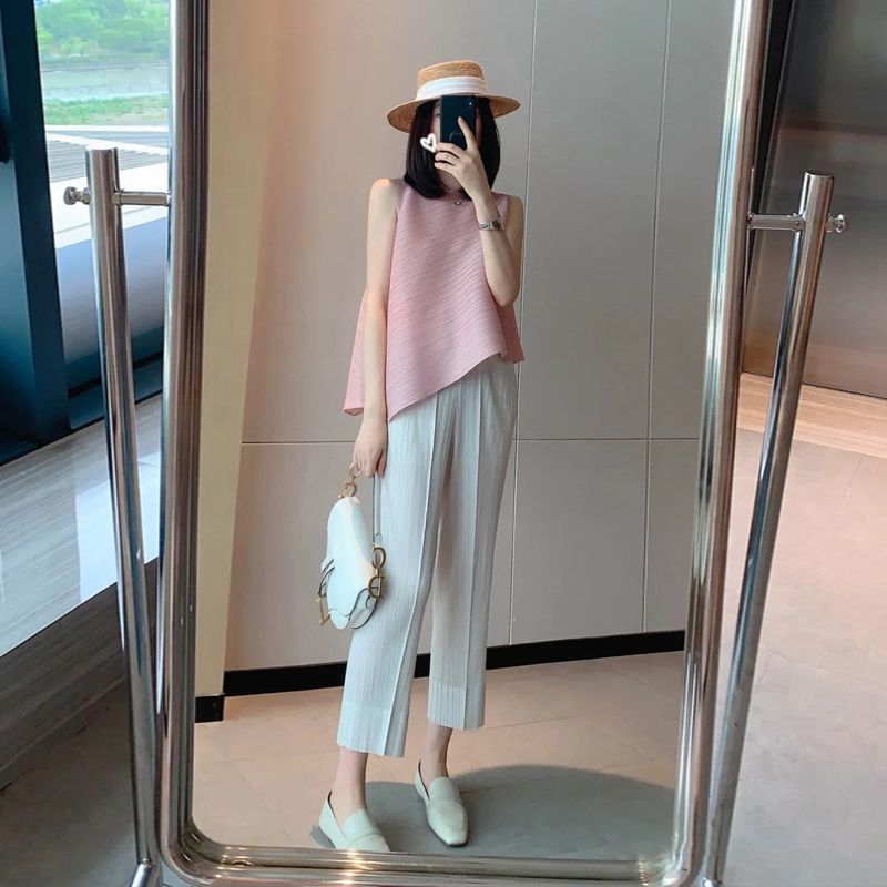 宅褶皱无袖吊带背心女设计感小众不规则百褶圆领显瘦内搭T三 066