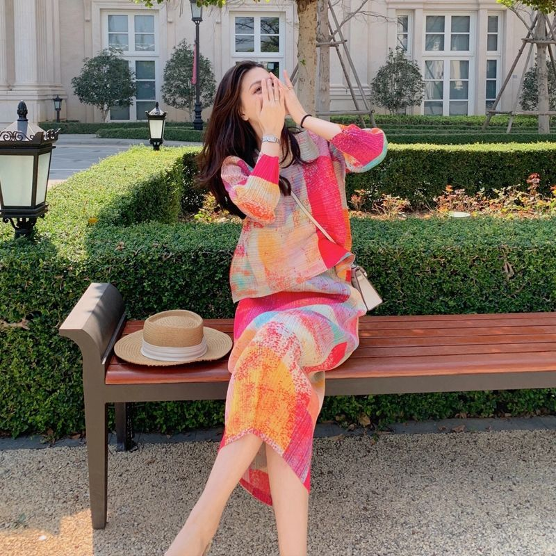 宅褶皱套装裙高端女装高级感花印连衣裙两件套装2025新款夏三 128