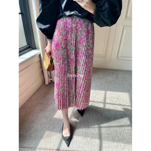 中长裙压褶印花百褶 夏季 直筒松紧腰法式 高腰碎花半身裙 099 新款