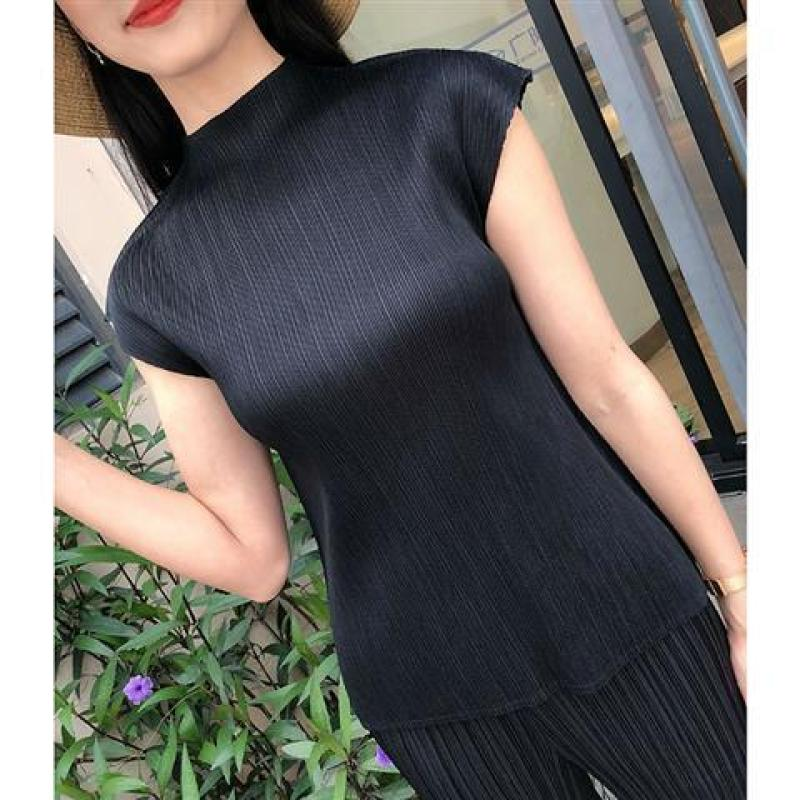 宅褶皱纯色无袖T恤女半高领大码弹力包袖上衣百搭压褶打三 063