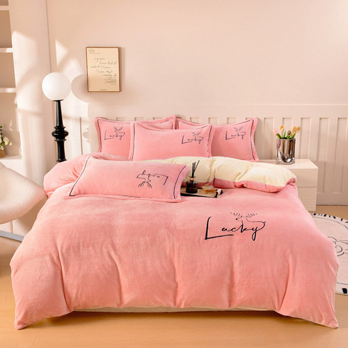 A类刺绣加厚被套牛奶绒四件套