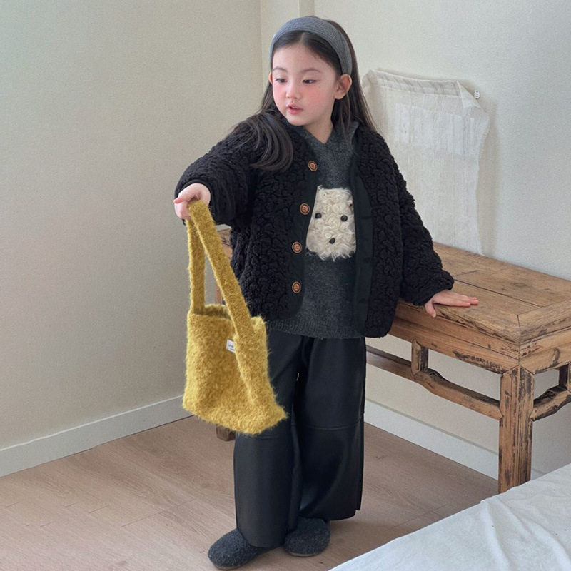 女童韩版毛毛外套小狗连帽针织毛衣2025秋冬新款加绒保暖皮裤套装