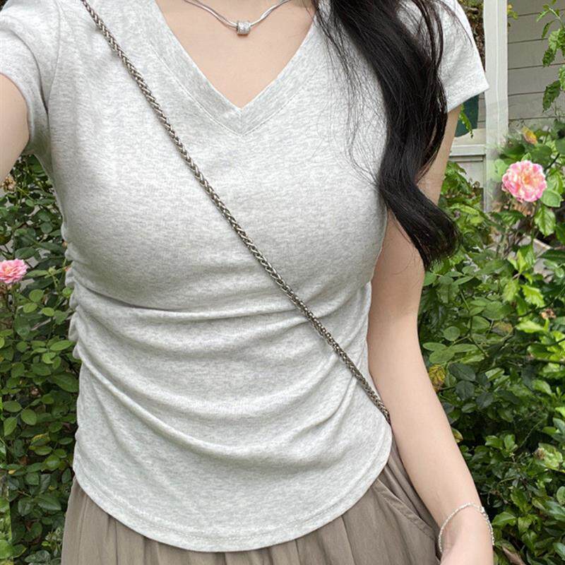 纯棉正肩V领短袖T恤女2026新款春夏季百搭修身小个子短款辣妹上衣