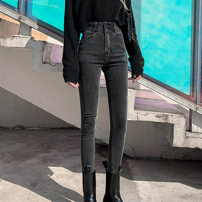 高腰牛仔裤女2026年春季新款显瘦烟灰色修身紧身加绒小脚铅笔裤子