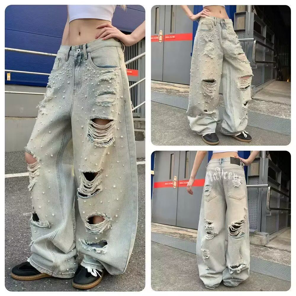 美式设计感泼漆涂鸦阔腿牛仔裤女秋冬新款复古做旧废土风拖地裤子